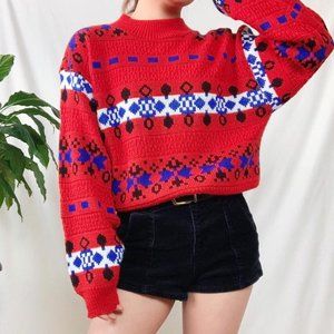 Vintage geometric patterned mock neck chunky knit sweater.